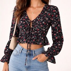 Black Floral Peplum Front Tie Crop Blouse | M